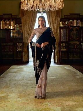 Embroidered Black and Blush Saree velvet